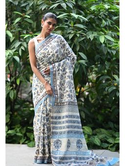 Unnati Silks - Blue Embossed Hand Block Pashmina Sico Saree & Unstitched Blouse