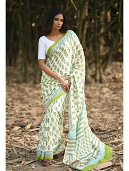 Unnati Silks - Blue Embossed Hand Block Pashmina Sico Saree & Unstitched Blouse