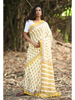 Unnati Silks - Yellow Embossed Hand Block Pashmina Sico Saree & Unstitched Blouse
