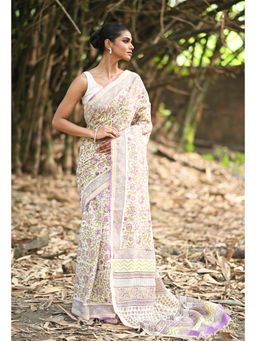 Unnati Silks - Lavender Embossed Hand Block Pashmina Sico Saree & Unstitched Blouse