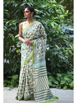 Unnati Silks - Blue Embossed Hand Block Pashmina Sico Saree & Unstitched Blouse