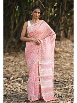 Unnati Silks - Coral Pink Hand Block Printed Chanderi Sico Saree & Unstitched Blouse