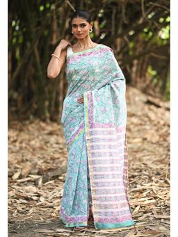 Unnati Silks - Green Hand Block Printed Chanderi Sico Saree & Unstitched Blouse