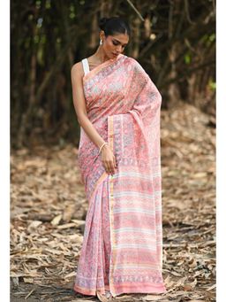 Unnati Silks - Coral Pink Hand Block Printed Chanderi Sico Saree & Unstitched Blouse