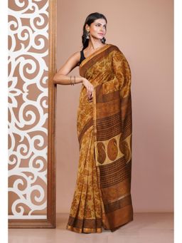 Unnati Silks - Brown Vanaspathi Block Printed Chanderi Sico Saree & Unstitched Blouse