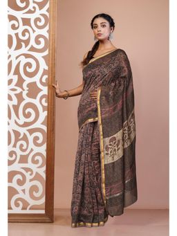 Unnati Silks - Grey Vanaspathi Block Printed Chanderi Sico Saree & Unstitched Blouse