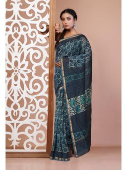 Unnati Silks - Blue Vanaspathi Block Printed Chanderi Sico Saree & Unstitched Blouse