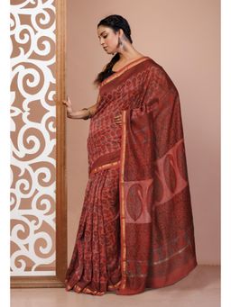 Unnati Silks - Red Vanaspathi Block Printed Chanderi Sico Saree & Unstitched Blouse