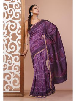 Unnati Silks - Violet Vanaspathi Block Printed Chanderi Sico Saree & Unstitched Blouse