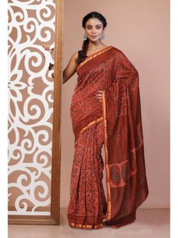Unnati Silks - Red Vanaspathi Block Printed Chanderi Sico Saree & Unstitched Blouse