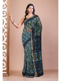 Unnati Silks - Blue Vanaspathi Block Printed Chanderi Sico Saree & Unstitched Blouse