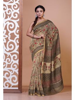 Unnati Silks - Green Vanaspathi Block Printed Chanderi Sico Saree & Unstitched Blouse