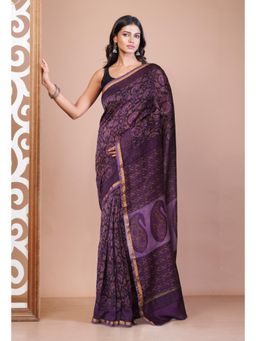 Unnati Silks - Violet Vanaspathi Block Printed Chanderi Sico Saree & Unstitched Blouse