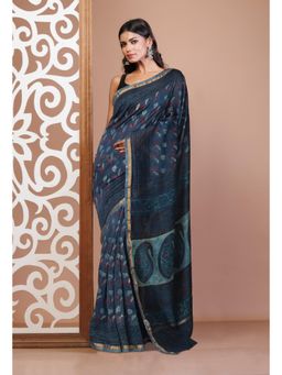 Unnati Silks - Blue Vanaspathi Block Printed Chanderi Sico Saree & Unstitched Blouse