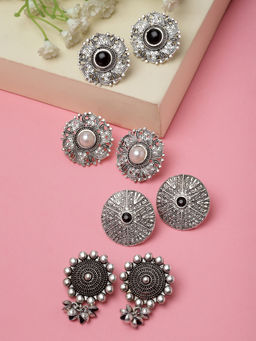 PANASH - Set of 4 Oxidised Silver-Plated Circular Stud Earrings