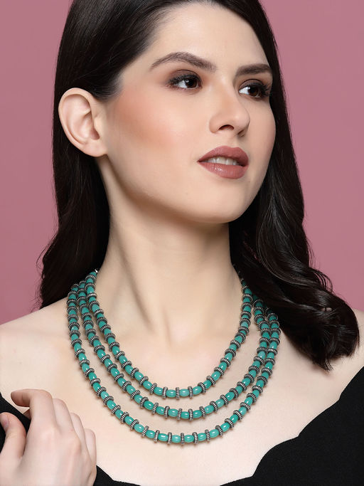 PANASH Oxidised Silver-Plated Green Beads Layered Handcrafted Necklace