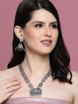 PANASH - Oxidised Silver-Plated Pink Stone & Pearl Peacock Shaped Jewellery Set