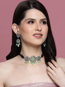 PANASH - Silver-Plated Green Stone-Studded Embellished Jewellery Set