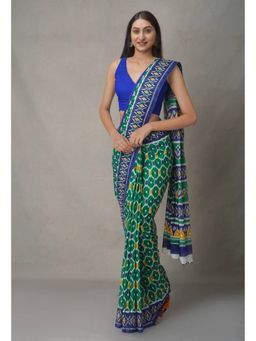 Unnati Silks - Green Pure Block Printed Cotton Saree with Unstitched Blouse