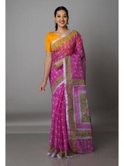Unnati Silks - Pink Pure Block Printed Kota Cotton Saree with Unstitched Blouse
