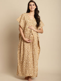 Secret Wish - Beige Floral Cotton Maternity Kaftan