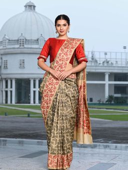Beatitude - Grey Banarasi Silk Jacquard Work Saree with Unstitched Blouse