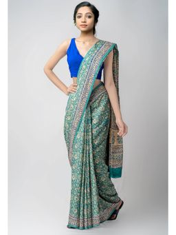 Unnati Silks - Green Pure Block Printed Mulmul Cotton Saree with Unstitched Blouse