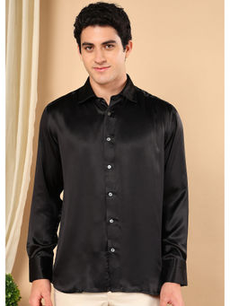 TATTVA - Men Black Pure Silk Solid Opaque Shirt