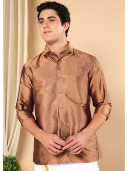 TATTVA - Men Burnt Copper Pure Silk Solid Opaque Shirt