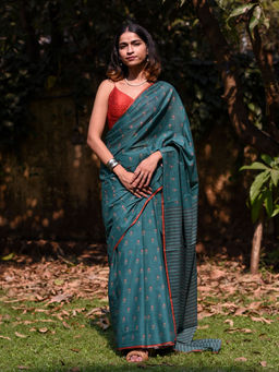 Suta - Teal Floral Printed Pure Cotton Saree
