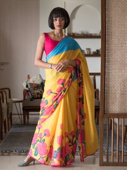 Suta - Yellow Floral Pure Cotton Saree without Blouse