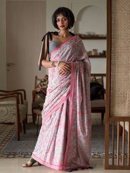 Suta - White Floral Pure Cotton Saree without Blouse