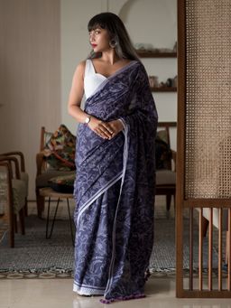 Suta - Blue Floral Pure Cotton Saree without Blouse