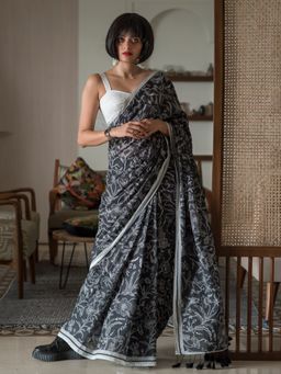Suta - Black Floral Pure Cotton Saree without Blouse