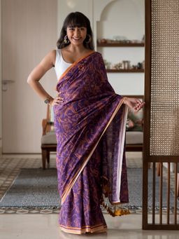 Suta - Purple Floral Pure Cotton Saree without Blouse