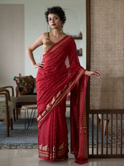 Suta - Red Polka Dots Cotton Blend Saree without Blouse