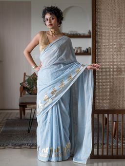 Suta - Blue Polka Dots Cotton Blend Saree without Blouse