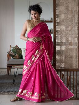 Suta - Pink Floral Viscose Rayon Saree without Blouse