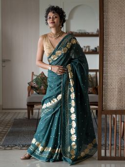 Suta - Green Floral Cotton Blend Saree without Blouse