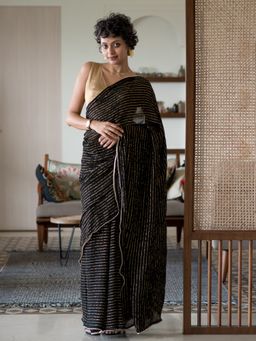 Suta - Black Stiped Viscose Rayon Saree without Blouse