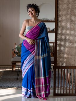 Suta - Multi Color Colorblock Cotton Blend Saree with Unstitched Blouse