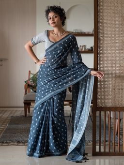 Suta - Navy Blue Woven Design Pure Cotton Saree without Blouse