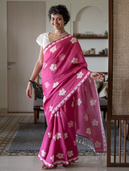 Suta - Pink Floral Pure Cotton Saree without Blouse