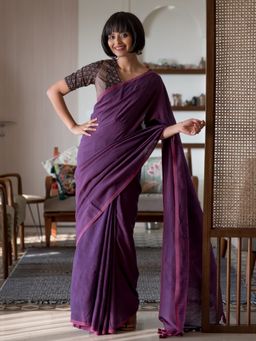Suta - Purple Solid Cotton Blend Saree without Blouse