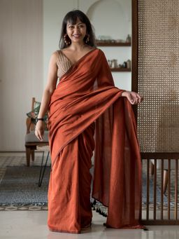 Suta - Rust Solid Cotton Blend Saree without Blouse