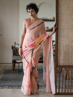 Suta - Peach Floral Pure Cotton Saree with Unstitched Blouse