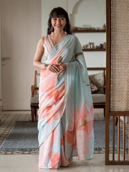 Suta - Blue Floral Pure Cotton Saree with Unstitched Blouse