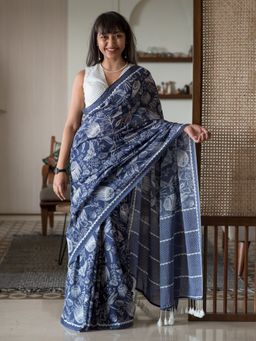Suta - Blue Floral Pure Cotton Saree with Unstitched Blouse
