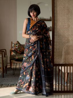 Suta - Navy Blue Floral Pure Cotton Saree with Unstitched Blouse