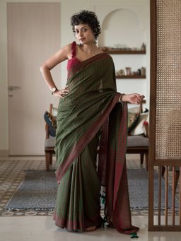 Suta - Green Stripe Pure Cotton Saree with Unstitched Blouse